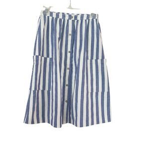 Zara Girls Blue Ecru Striped Button Front Midi Skirt Pockets Size 13-14Y